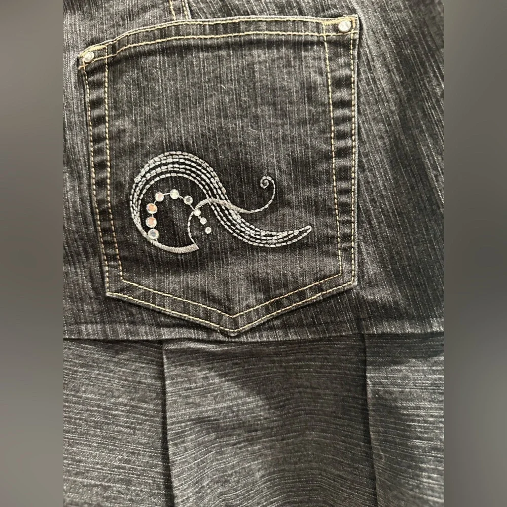 French Cuff Denim Mini Skirt Dark Wash Rhinestone Embellished Pleated Hem